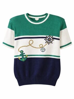 Vintage Joyce Nautical Sweater XL Anchor Ship Wheel Shoulder Pads Retro